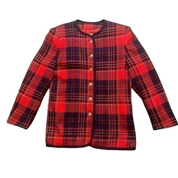LIZ CLAIBORNE: Vintage Collection 90’s Red Plaid Wool Blend Blazer - Size 6 - Picture 1 of 9